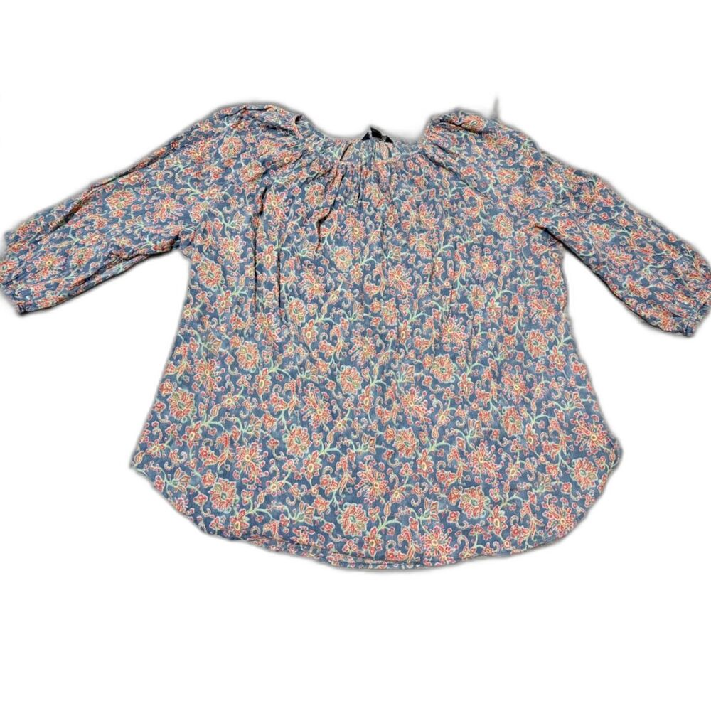 Chaps Blouse 1X Blue Red Floral Gauzy Peasant 3/4 Sleeve Bohochic Cottagecore